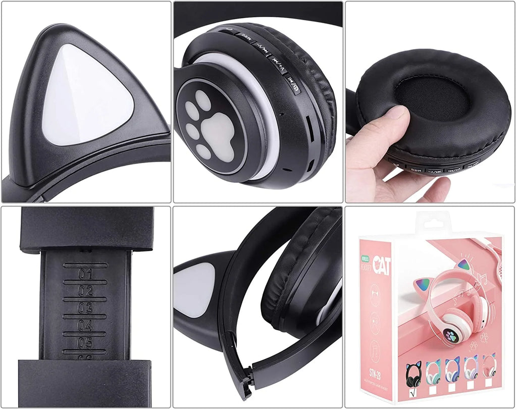 Kids Headphones, Cat Ear Wireless Headphones, LED Light up Kids Bluetooth Headphones over on Ear Black